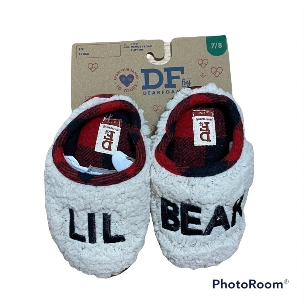 Dearfoam Lil Bear Slide On Slippers NWT 7/8 Fuzzy Cream Red Black